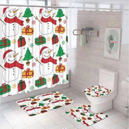 Shower Curtains Christmas Curtain Sets With Non-Slip Rug Toilet Cover Bath Mat Snowman Xmas Tree Santa Elk Gifts Bathroom Decor