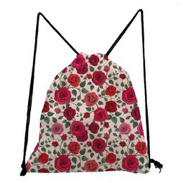 Shopping Bags Red Rose Print Drawstring Daily Soft Back Girls Boys Birthday Party Gift Large Casual Bag Foldable Children Travel Backpack