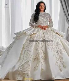2023 Luxurious Arabic Style A Line Wedding Gowns Long Sleeves Plus Size Puffy Train Princess Sparkly Sequins Bridal Party Dresses Robe De Marriage DHL