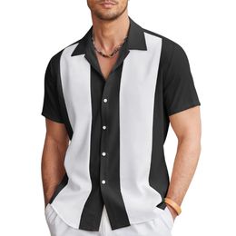 Fashion Men Casual Vintage Bowling Shirt Hawaiian Short Sleeve Button Down Loose Shirt Cotton Oxford Striped Mens Clothing 240508