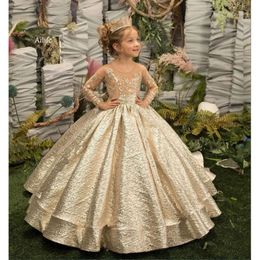 Gold Flower Girl Dress Princess Illusion Sleeve With Bow -knappar Läckra kjol Birthday Wedding Party Kids Bridesmaid 0515