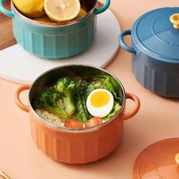 Bowls Kitchen Concise Solid Colour Tableware Instant Ramen Bowl With Lid Spoon Cute Stainless Steel Large Capacity Salad Soup Set