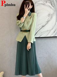 Two Piece Dress Women Formal 2 Pieces Sets Korean Office Long Sleeve Blazer Coats Tops Conjuntos Spring Fall Ol High Waist Pleated Skirt