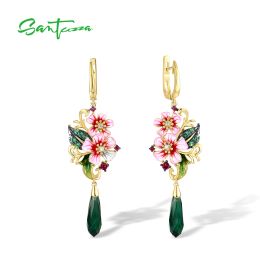 Earrings SANTUZZA 925 Sterling Silver Drop Earrings For Women Red Green Stones White CZ Enamel Flower Delicate Fine Jewellery Handmade