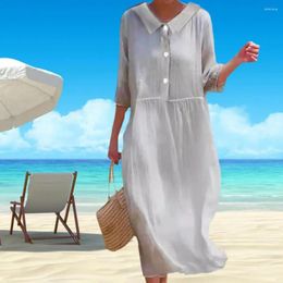 Casual Dresses Half Button-up Dress Elegant Doll Collar Midi For Women Chic Pleated Pullover With Button Detail Stylish Wear Summer