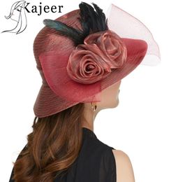 Kajeer Gauze Feather Fedora Hat Elegant Princess Felt Brim Hats Bowknot Bowler Caps Sun Ladies Hat Cap4886342