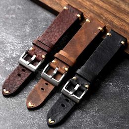 Watch Bands Handmade genuine leather strap old brown black 18 20 22MM soft mens retro with a layer of denim bracelet Q240514