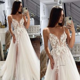Sexy A Line Dresses For Bride Spaghetti Appliques Wedding Dress Sweep Train Thigh Slit Long Designer Bridal Gowns 0515