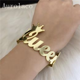 Bracelets Aurolaco Customized Nameplate Name Bracelet Personalized Custom Cuff Bangles Women Men Rose Gold Stainless Steel Jewelry Gifts