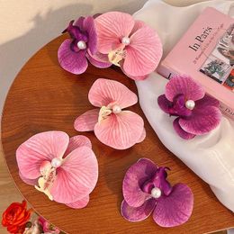 Hair Clips Korean Fashion Sweet Phalaenopsis Flower Hairpin Bohemia Creative Cloth Floral Pearl Clip Female Headdress 2024