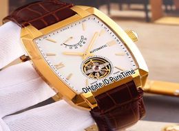 New Character 18K Yellow Gold White Dial Tourbillon Power Reserve Automatic Mens Watch Black Leather Strap Sport watches High Qual1315962
