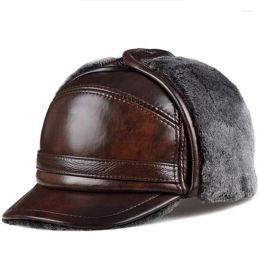 Berets Berets RY0201 Male Winter Warm Ear Protection Bomber Hat Man Genuine Leather Faux Fur Inside Black/Brown Ultra Large Size 5462cm