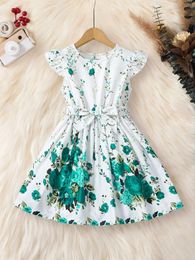 Girl's Dresses Summer girl dress with green floral belt and lotus sleeves fashionable affordable childrens clothing 4-7Y d240515