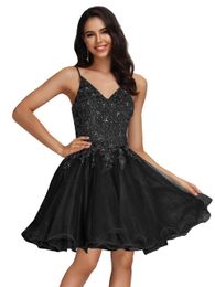 Short Homecoming Dresses Spaghetti Deep V-Neck Appliques Sequins Lace-up Tulle Plus Size Cocktail Formal Occasion Cocktail Prom Party Graudation Gowns Hc26