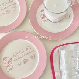 Plates Cute Puppy Coffee House Pink Ceramic Flat Plate Pasta Staple Bread Breakfast Cartoon Milk Glasses