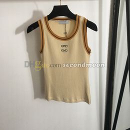 Knitted Tanks Top Women Luxury Embroidered Vest Crew Neck Sport Tops Elastic Fabric Yoga Vest