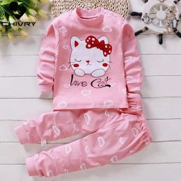 Pyjamas 2024 Newborn Childrens Boys and Girls Pyjama Set Cartoon Long sleeved Cute T-shirt Top with Pants Baby Autumn Pyjamas d240515