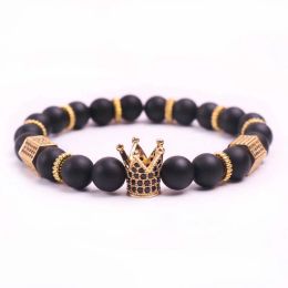 Bracelets SHIDU Micro Pave Black CZ Zirconia Gold King Crown Charm Bracelet Men Dull Polish Matte Stone Bead Bracelets For Men Women Gift