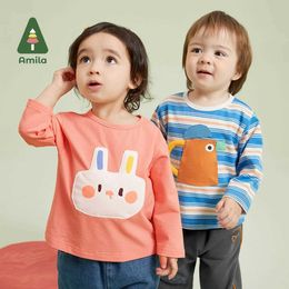 Pullover Amila pojkar och flickor t-shirt 2023 Autumn New Round Neck Drop Shoulder Baby Clothing Warm and Breatble Baby Topl240502