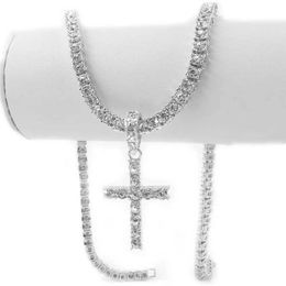 Tennis 16 inch womens suffocation necklace with cross charm religious Jewellery mens hip-hop 1-row tennis chain ice out rapper rock singer d240514