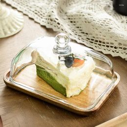Plates Rectangular Wooden Cake Stand With Glass Dome Plate Holder Clear Bell Display Server Tray For Kitchen
