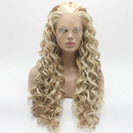 Wigs Iwona Hair Curly Long White Blonde Auburn Mix Wig 18#1001/613/30 Half Hand Tied Heat Resistant Synthetic Lace Front Wig