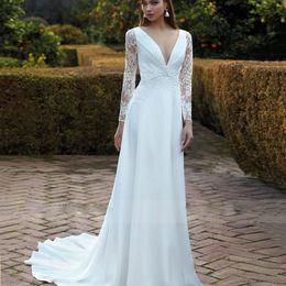 Sexy V-Neck White Mermaid Wedding Dresses Long Sleeves Lace Appliques Court Train Simple Satin Bridal Gowns Illusion Back Buttons