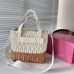 travel beach bag summer straw bag luxury designer tote bags handbag weekend bag women classic pleated bamboo woven leather splicing silver hardware removable strap