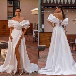 Elegant Satin Wedding Dresses Puffy Off The Shoulder A Line Wedding Dress High Split Lace Up Back Country Bridal Gowns