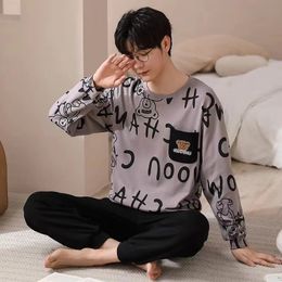 Spring and Autumn Mens Models of Pyjamas Teenage Sports LongSleeved Homewear Loose Leisure Plus Size Suit 240428