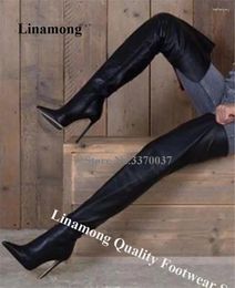 Boots Linamong Women Fashoin Pointed Toe Over Knee Stiletto Heel Black Leather Thigh High Long CLub Dress Shoes