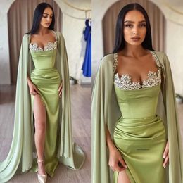Green Mermaid Prom Dresses With Cape Beaded Collar Evening Dress Pleats Split Formal Long Special Ocn Party Dress 0515