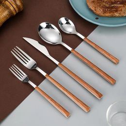 Dinnerware Sets 30 PCS Imitation Wood Cutlery Set Stainless Steel Steak Knife Fork Dessert Spoon Portable Drop Ship