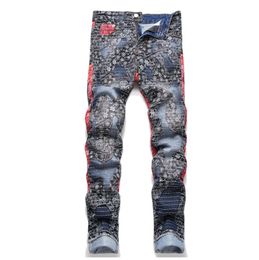 men Biker Jeans Streetwear Print Patch Stretch Denim Pants Patchwork Holes Ripped Slim Straight Blue Trousers