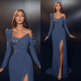 Navy Blue Evening Dresses Sleeves Sequins Collar Party Prom Pleats Split Formal Long Red Carpet Dress For Special Ocn 0515