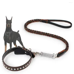 Dog Collars Heavy Duty Leather Leash And Collar Set Adjustable No-Pull Braided Strong For Large Dogs