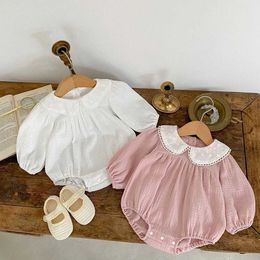 Rompers Millennium Spring baby clothing for young children and girls one piece lace collar linen clothingL240514L240502