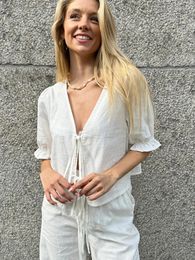 Women's Blouses Bow Tied Lace Up Shirt Women Casual Puff Half Sleeve Loose White Tops 2024 Summer Sweet Lady V Neck All-match Streetwear