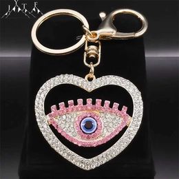 Keychains Lanyards Sweet Pink Crystal Love Heart Evil Blue Eye Key Chain for Women Men Alloy Gold Color Turkish Eyes Hollow Keyring Jewelry Gifts Y240510