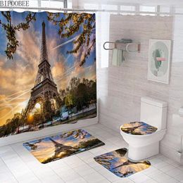 Shower Curtains Paris Street Scene 3D Curtain Eiffel Tower Bathroom Non-Slip Pedestal Rug Toilet Lid Cover Bath Mats Home Decor