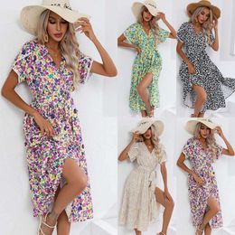 Womens Fashion Dress Summer Beach Dress Small Floral Split V-neck Casual Womens Clothing