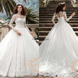 Graceful Lace A Line Wedding Dresses Sheer Long Sleeves Tulle Appliques Bridal Wedding Gowns With Corset Back robes de mariee