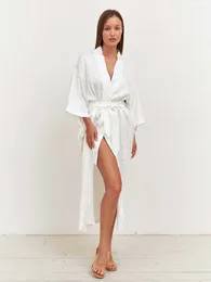 Home Clothing Mathaiqqi White Spring Female Robe Sexy V-Neck Sleepwear Long Sleeve Bathrobe Lace Up Pyjama Mid-Calf Dress Casual Women
