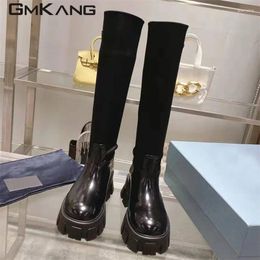 Boots Black Knee High Woman Leather Patchwork Long Ladies Flat Platform Shoes Women Thick Sole Motorcycle