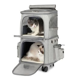 Carrier Doublelayer Pet Trolley Case Carrier Cats Dogs Breathable Pet Carrier with Wheels Large Capacity Pull Rod Case Foldable Pet Bag