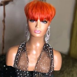 Wigs 100% Human Hair Pixie Short Cut Bob Wig with Bangs Brazilian Straight Full Lace Front Orange Wig for Black Women