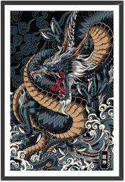 Tapestries Japanese Decoration Art Dragon Painting Wall Canvas Poster Set Of 1 Prints Black Can Be Hung Magnetic Wooden Frame