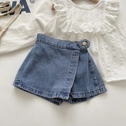 2024 Summer Kids Skirt Shorts Girls Sweet Denim 27Y Korean Style Buttonup Baby Jeans 240510