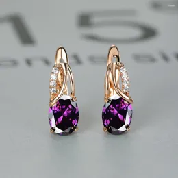 Hoop Earrings Crystal Purple Oval Stone Jewelry Rose Gold Color Wedding For Women