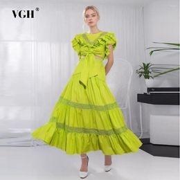 Work Dresses VGH Solid Hollow Out Two Piece Sets For Women Round Neck Short Sleeve Tops High Waist Long Skirts Casual Set Female Fahsion